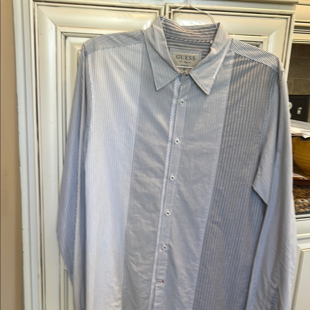 Guess Blue Dress Shirt with Pinstripes and Long Sleeves